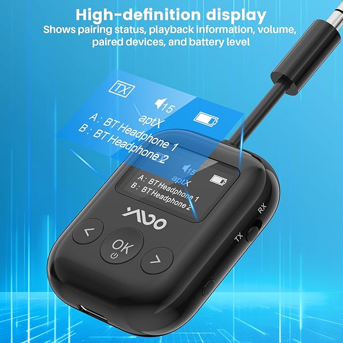 YMOO Bluetooth 5.4 Transmitter Receiver for Airplane, Bluetooth Adapter Supports 2 Headphones/Speakers with aptX Low Latency, 3.5mm Aux Wireless Audio Adapter with Screen for Flight Gym Home Travel