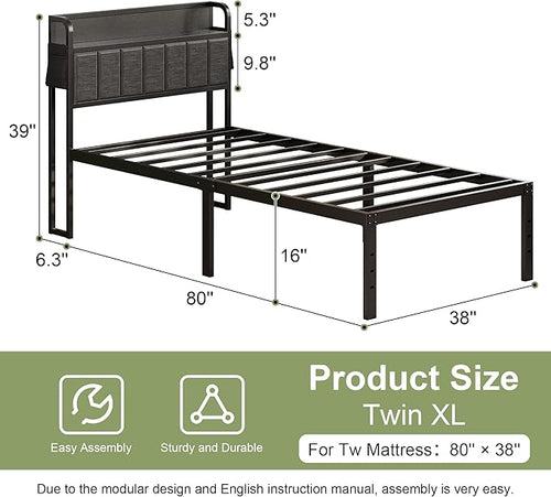 16 Inch Twin XL Bed Frames with Upholstered Storage Headboard, Heavy Duty XL Twin Bed Frame No Box Spring Need, Gray