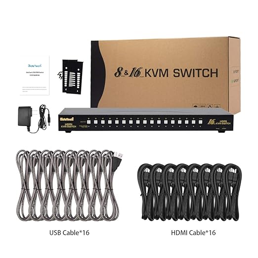 JideTech HDMI USB KVM Switch 16 Port Up to 4K@30Hz Resolution with USB 2.0 Hub Support Hotkey Mouse Switching for Linux, Windows, Mac, Unix
