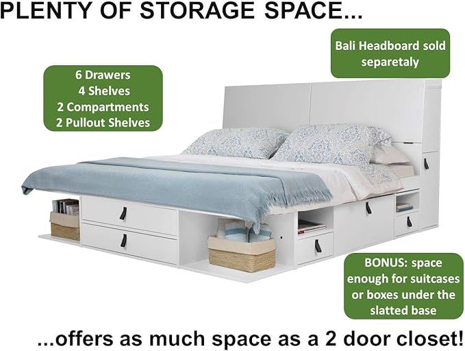 memomad Bali Storage Platform Bed with Drawers (Full Size, Off White)