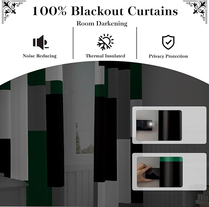 Green Blackout Curtains for Bedroom 63 inch Long 2 Panels Set Black Grey White Modern Abstract Geometric Black Out Curtains Insulated Room Darkening Window Drapes for Living Room, 52Wx63L