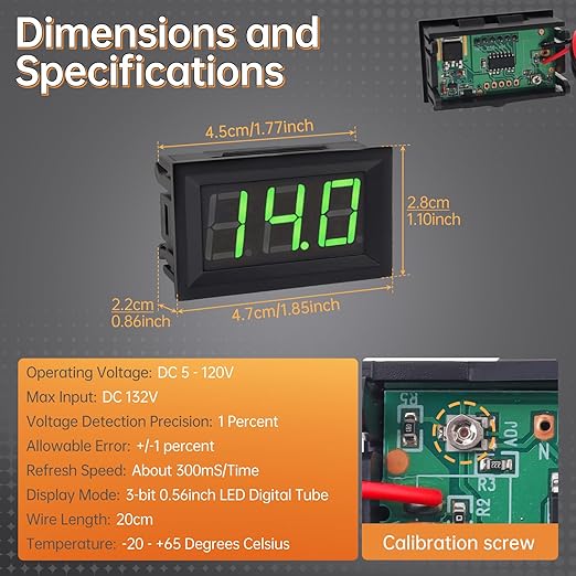DiGiYes 5 Pack DC 5-120V Digital Mini Voltmeter 2 Wire 0.56 inch LED Display Panel Voltage Meter for Car Motorcycle Battery Monitor (Green)