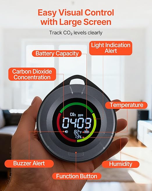 VEVOR Carbon Dioxide Monitor, CO2 Controller with Temperature and Humidity Display, NDIR Sensor Carbon Dioxide Detector, for Outdoors, Home, Office, Car, Lightweight & Portable