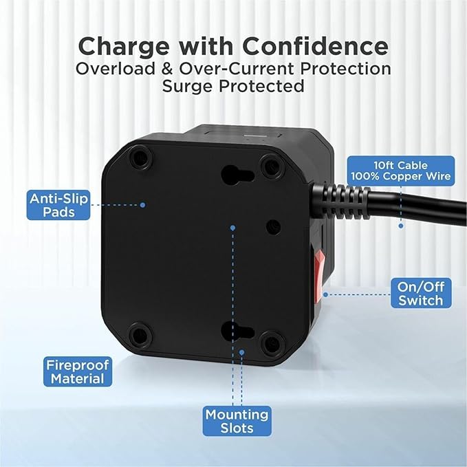 Uncaged Ergonomics Wireless Charger Cube Power Strip with USB Ports & Surge Protection, 10ft Extension Cord, 4 AC Plugs, 3 USB Ports (1C), Fast Charging, On/Off Switch, Nightstand Charger Station