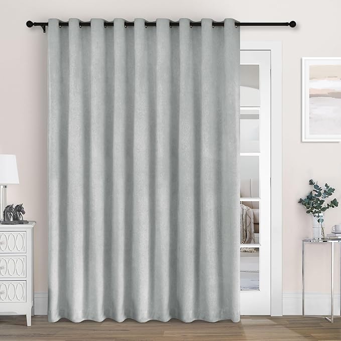 Macochico 100% Blackout Chenille Curtains for Sliding Door Thermal Insulated Noise Reducing Drapery for Living Room Bedroom Hotel, Grommet Curtains with Tieback, Medium Gray, 120" Wx96 L 1 Panel