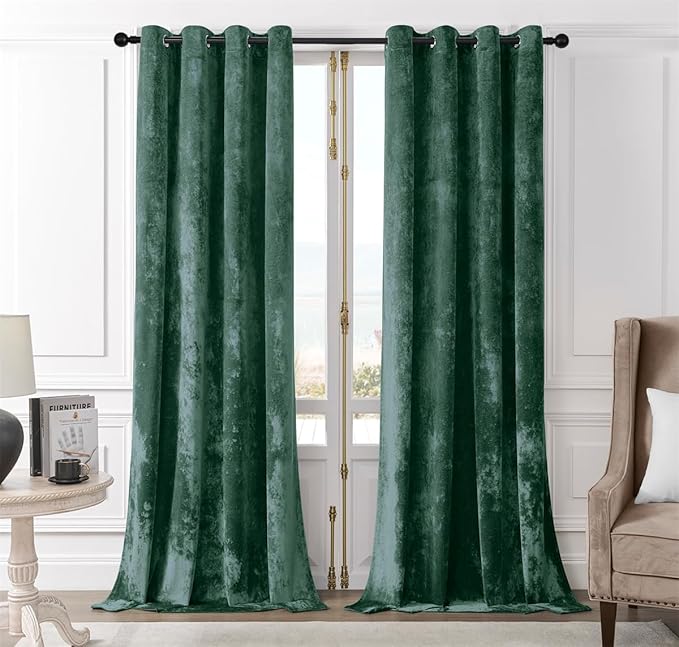 SMILETIME Forest Green Crushed Velvet Curtains 52x96 inch Luxurious Thermal Insulated Soundproof Drapes for Living Room Bedroom Office Soft and Durable Light-Filtering Window Treatments, 2 Panels