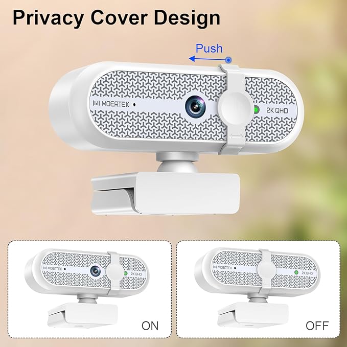 MOERTEK 2K Webcam for PC, Webcam with Microphone and Tripod, Auto Light Correction, USB Camera Plug and Play, 90° Wide FOV, Privacy Cover, Works with Skype, Zoom, Meet, Teams, PC, Laptop, Mac, Tablet