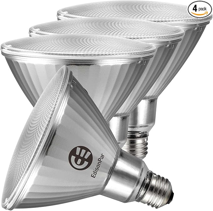 EdisonPar Full-Glass PAR38 LED Flood Light Bulbs Outdoor/Indoor Equivalent 300 Watt, 4000 Lumens Ultra Bright, Non-Dimmable Waterproof 5000K Daylight, 4-Pack