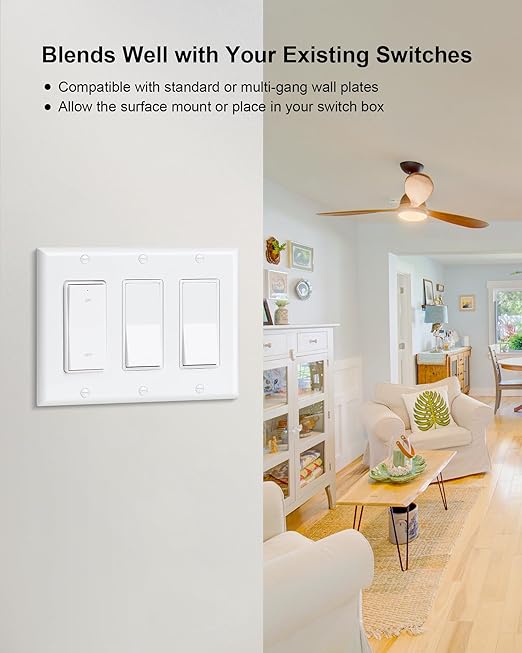 TREEWELL Wireless Light Switch and Receiver Kit, Decorator Rocker Wall Switch, 200FT Long Range RF Remote Control, No in-Wall Wiring Required, Programmable & Expandable for Ceiling Light, Fans, Lamps