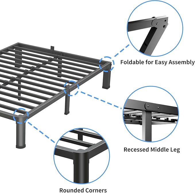 10 Inch Queen Bed Frame, 3500Lbs Heavy Duty Metal Platform with Round Corner Legs Mattress Slide Stopper, Steel Slat Support No Box Spring Needed, Noise Free, Non-Slip, Easy Assembly