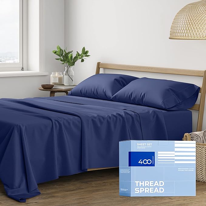 THREAD SPREAD California King Sheet Sets - 400 Thread Count 100% Cotton Sheets, 4 PC Cal King Sheets Set, California King Cooling Sheets, Soft Breathable Bed Sheets, 16" Deep Pocket Sheets (Navy Blue)