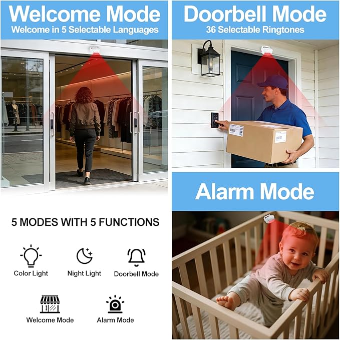 KCMYTONER Motion Sensor Door Chime Battery Operated, Motion Sensor Alarm for Business,Doorway Motion Bell,Volume Adjustable,918Ft Range,5 Modes, 36 Tunes, for Home, Store, Office