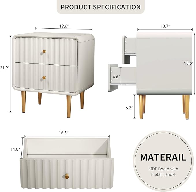 HLR Modern Nightstand Set of 2, Fluted Bed Side Table with 2 Drawers Storage, Wood End Table with Gold Metal Handle, White Night Stands for Bedroom