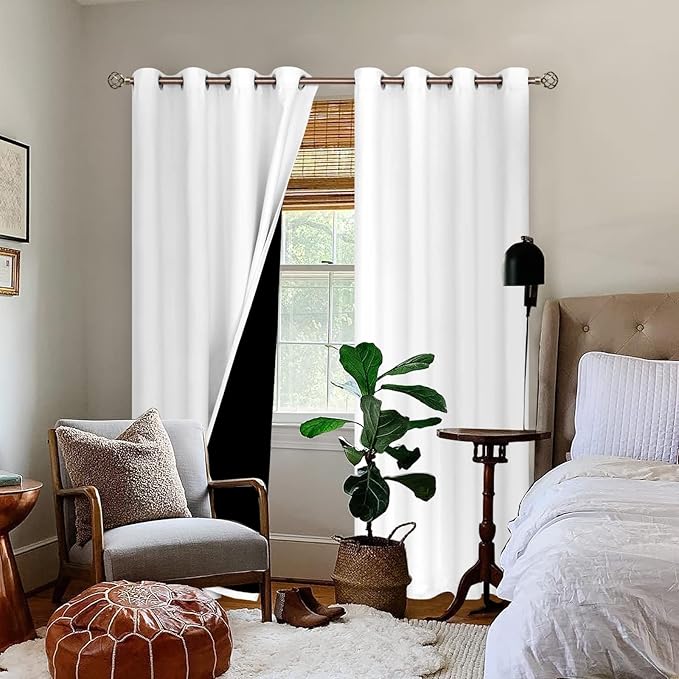BGment Thermal Insulated 100% Blackout Curtains for Bedroom with Black Liner, Double Layer Full Room Darkening Noise Reducing Grommet Curtain (55 x 96 Inch, White, 2 Panels)