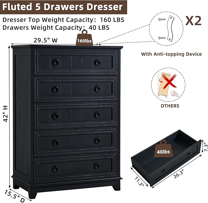 Farmhouse 5 Drawer Dresser for Bedroom, 42" Tall Small Dressers & Chest of Drawers, Rustic Wood Dresser with Metal Handle, Storage Organizer Closet for Living Room, Hallway, Entryway