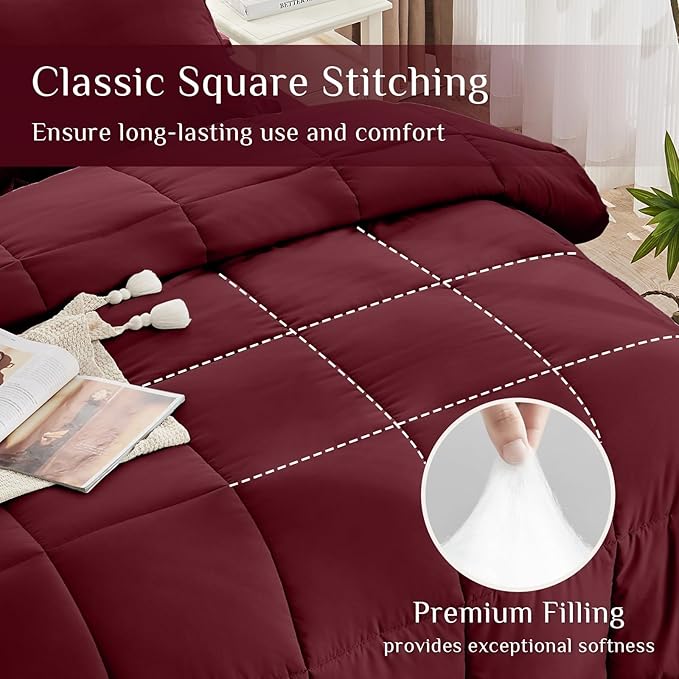 JOLLYVOGUE King Comforter Set, Ultra-Soft Bed in a Bag King Size 7 Pieces, Oeko-TEX Certified Bedding Set with Down Alternative Comforter, Sheets, Pillowcases & Shams, Burgundy