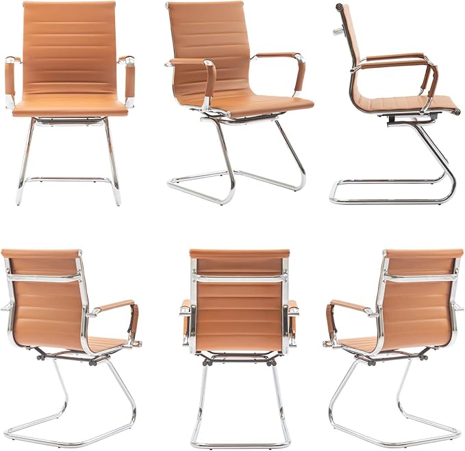 Wahson Office Guest Chairs Set of 6, Leather Reception Chairs, Mid Back Waiting Room Chair, Conference Chairs with Sled Base, Desk Chair No Wheels for Meeting/Lobby/Restroom, Terracotta