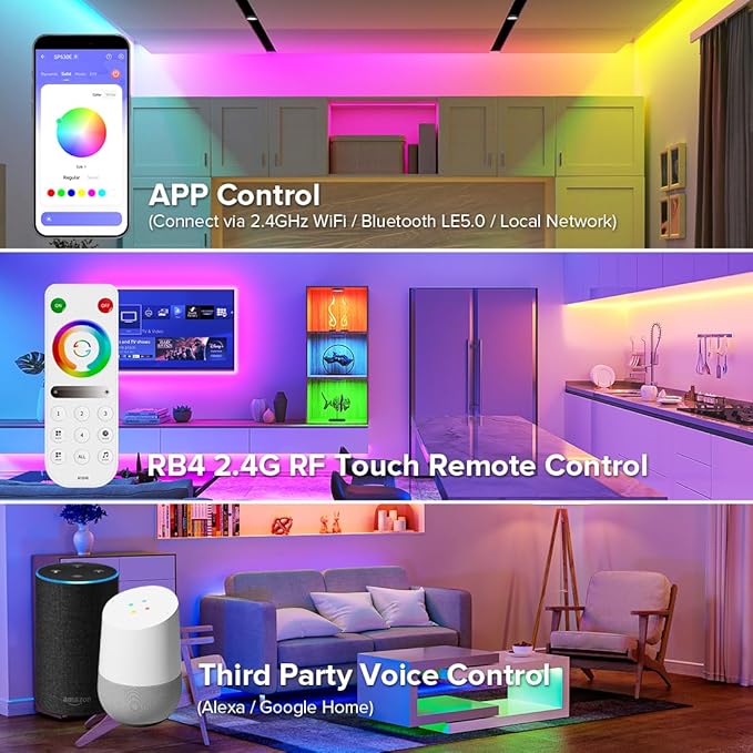 BTF-LIGHTING SP530E WiFi Alexa Bluetooth Controllers 4 Zones 2.4GHz RF RB4 Remote Kit Support FCOB COB SMD PWM or SPI RGBCCT RGBWW LED Strip WS2805 IC DC5V DC12V DC24V