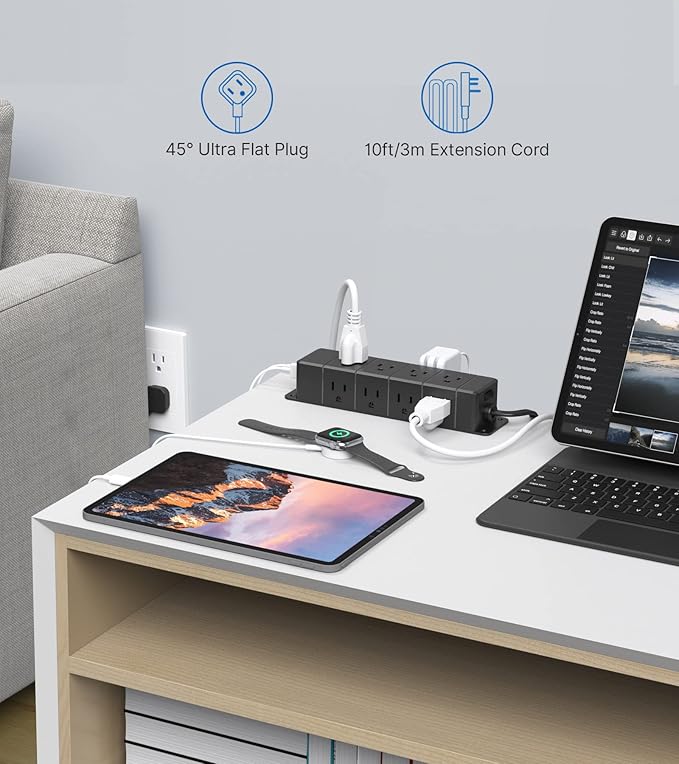 30W USB C Power Strip Surge Protector,4 Side 12 Outlets Desk Power Strip with Ultra Thin Flat Plug,PD Fast Charing,2 USB-C,2 USB-A(4 USB Total 40W),10ft Flat Extension Cord with Multiple Outlets,1200J