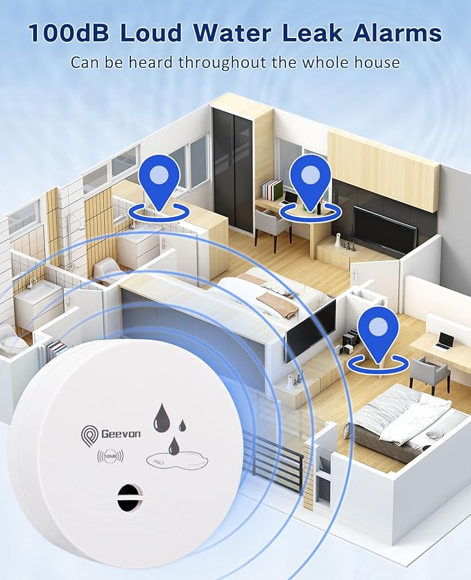 Geevon 2 Pack Water Leak Detectors, 100dB Water Sensor Alarms Flood Detector for Basements, Bathrooms, Laundry Rooms, Kitchens, Garages, and Attics, Water Alarms Battery-Operated (Battery Included)