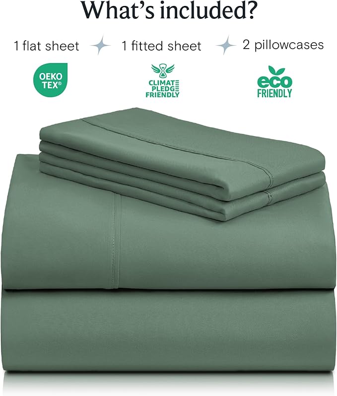 LuxClub 4 PC King Sheet Set, Deep Pockets Wrinkle Free Cooling Bed Sheets Hotel Bedding for Women, Men, Includes 1 Fitted Sheet, 1 Flat Sheet and 2 Pillowcases-Soft Tree Moss Green