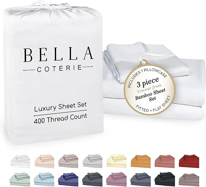 Bella Coterie Luxury Bamboo Viscose Twin XL Size Sheet Set | 100% Organically Grown | Ultra Soft | Cooling for Hot Sleepers | 18" Deep Pocket [White]