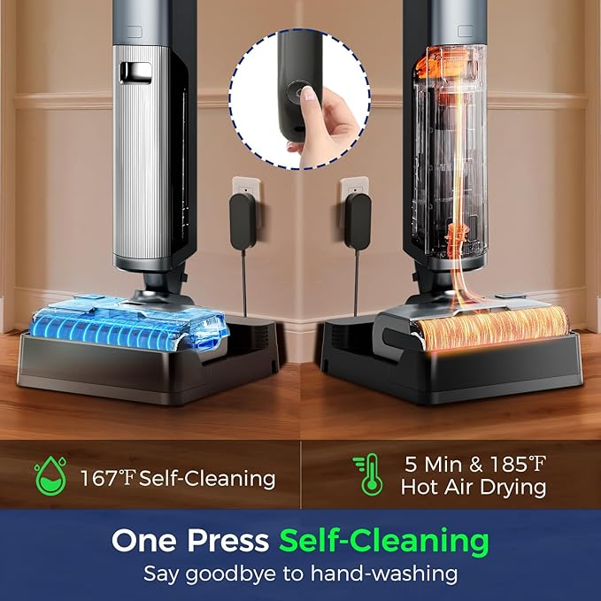 Wet Dry Vacuum Cleaner,Cordless Vacuum Mop Combo with Self-Cleaning,All in one Floor Cleaner Machine for Hard Floor,45kPa Suction 75 Mins Runtime Anti-Tangle,LED Light,180° Lay-Flat,Self Propelled
