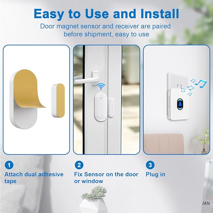 Daytech Wireless Door Chime Alarm System - 800ft Range, 20 Melodies, 5 Volume Levels, LED Alert with 2 Sensors + 1 Receiver for Home, Business, Office & Store Security