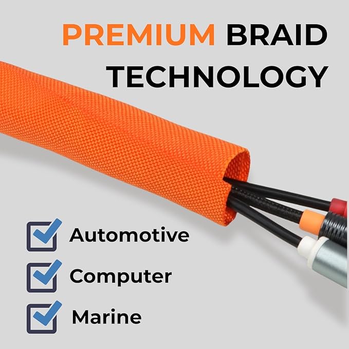 HOLED 1 inch Split Braided Cable Management Sleeve for USB Cable Power Cord Audio Video Cable, Wire Loom Cord Protector from Cat Dog Chewing (Orange, 25FT)