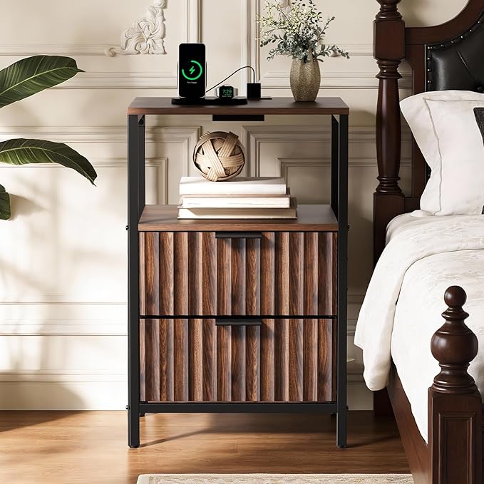 VINGLI Walnut Nightstand with Charging Station, Nightstand Fluted with Drawers Fabric, Bedside Table/End Table with Charger Station, Side Table Bedroom, Small Night Stand Dark Walnut