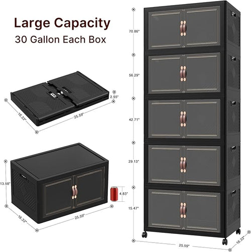 600Qt Stackable Storage Bins with Lids, 5 Pack Large Collapsible Bins with Wheels, Plastic Cabinet with Doors, Foldable Closet Organizers and Storage for Home, Dorm, Office, Black