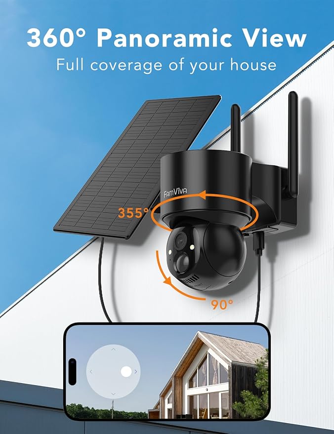 FAMVIVA 2K Solar Security Cameras Wireless Outdoor, 360°PTZ Battery Powered Cameras for Home Security, 2.4G WiFi Outdoor Camera with Color Night Vision, IP66 Waterproof, Motion Sensor Alarm, Black
