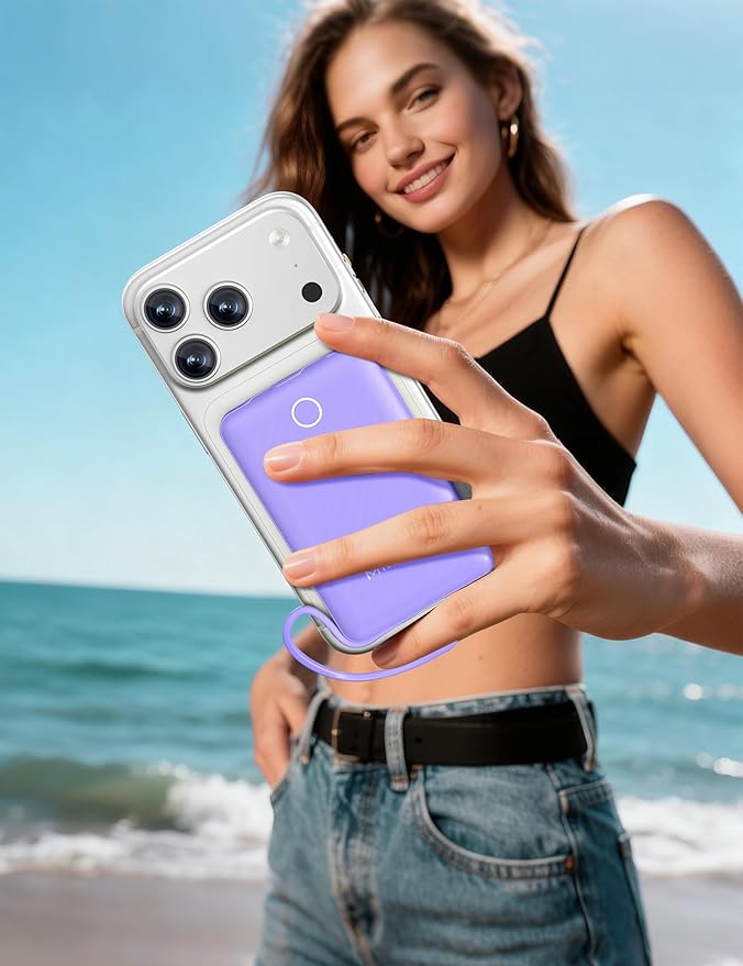 10000mAh Mini Portable Charger with Built in Cable, Pocket Size Power Bank Travel External Battery Pack for Phone, 3 Output USB Type C Cord Clutch Compatible with iPhone, Samsung,2 Pack Purple & White