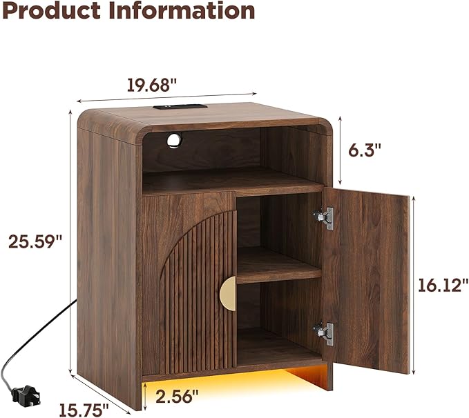 Nightstand with Charging Station and LED Lights, Night Stands with Adjustable Storage Cabinet, Modern Side Table with Fluted Doors and Open Storage, Bedside Table for Bedroom, Walnut