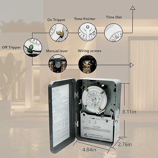 T101 Mechanical Time Switch,24-Hour 120 V Mechanical Time Switch,Reliable Control for Various Loads,12 ON/Off Operations - Manual Override & Included Trippers