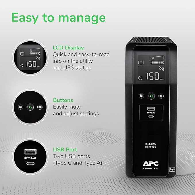 APC UPS 1500VA Sinewave UPS Battery Backup, BR1500MS2 Backup Battery Power Supply, AVR, 10 Outlets, (2) USB Charger Ports