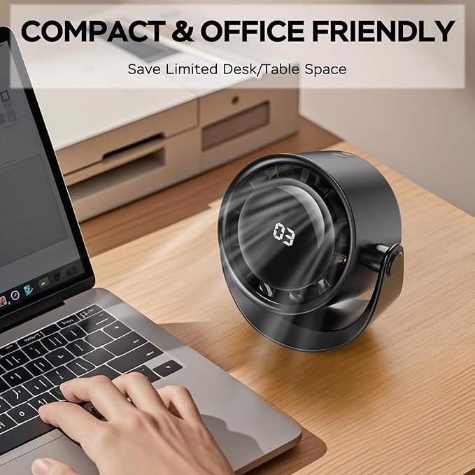 MORECORE Desk Fans for Bedroom, Strong Airflow Turbo Quiet Small USB Fan, 17hrs Running, 360° Rotate & 5 Speeds, 4000mAh Battery Operated Portable Fan with LED Display for Home Office Desktop-Black