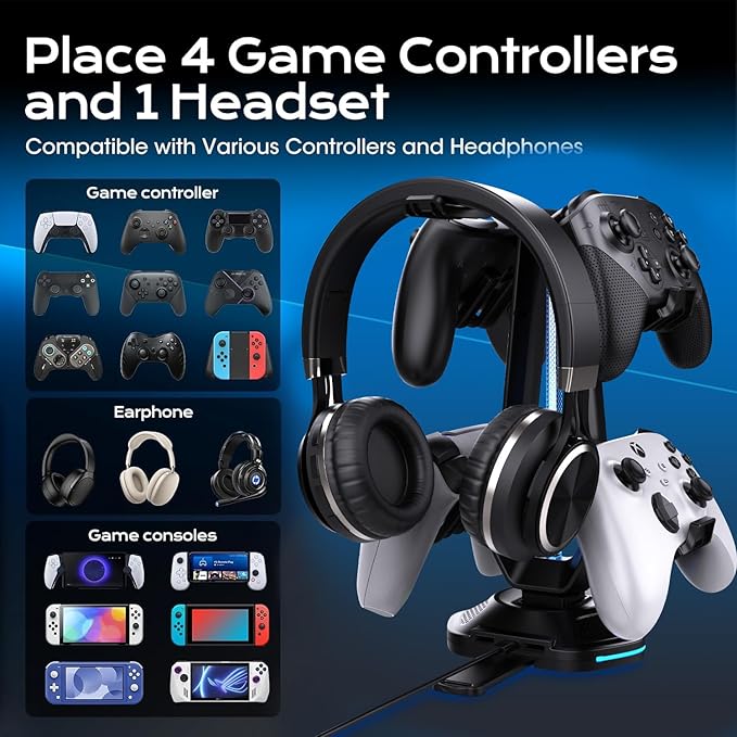 Oritikur RGB Headset Stand with 9 Light Modes and 2 USB Charging Ports - Controller Holder for Desk - Headphone Stand & Detachable Controller Hook for PC Earphone Gaming Room Setup Accessories