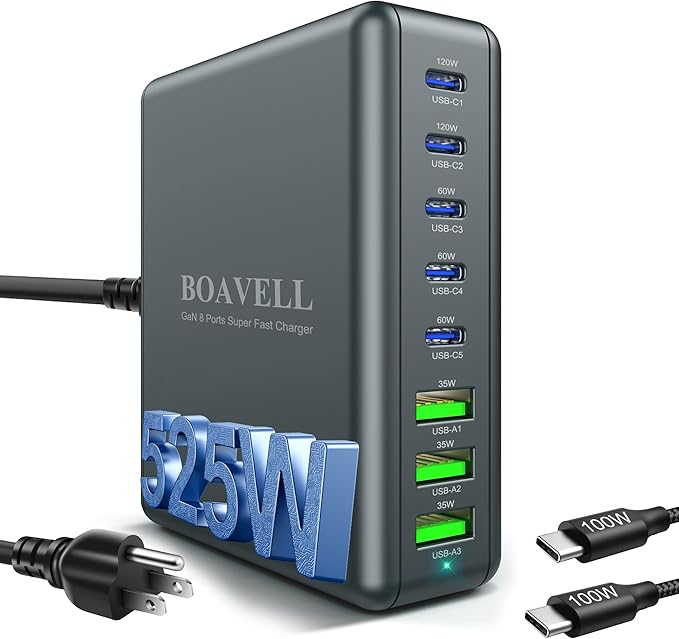 USB C Charger Block, 525W 8-Port GaN Fast Charging Station Hub with 100W Cable, Dual PD 100W Multi-Device USB C Wall Charger Adapter for iPhone 17 16 15, MacBook, Laptop, iPad, Samsung Galaxy and More