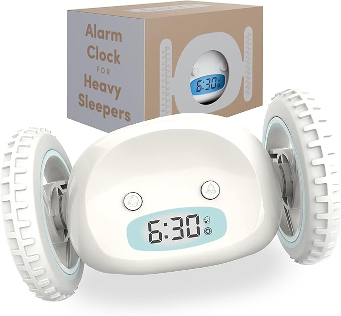 CLOCKY Alarm Clock on Wheels – Loud Rolling Alarm Clock for Heavy Sleepers | Runaway Clock That Jumps & Runs to Wake You Up | Funny Unique Gift for Adults & Teens (White)