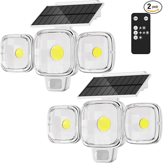ESLIGHTION Solar Motion Sensor Outdoor Lights, 3 Modes LED Security Flood Light with Remote Control, IP65 Waterproof Solar Powered Outside Wall Light for Garden Patio Garage Yard (White, 2 Pack)