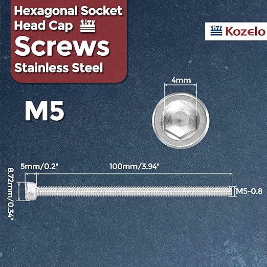 Kozelo 10pcs Socket Head Cap Screws - [M5-0.8 x 100mm] 304 Stainless Steel Allen Socket Drive for Electrical Motor 3D Printing Fan Engine Replacement Use, Silver