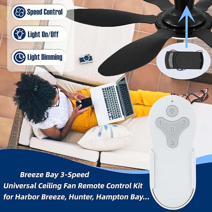 KUJCE10311/ KUJCE10712 Ceiling Fan Remote Control Kit for Harbor Breeze Hampton Bay Hunter, 3-Speed Light Dimmer, Replacement TR214A, TR214B, 2BB78-ITL-F304C, A25-FA0138, KUJCE10610, 2AQZU-18018