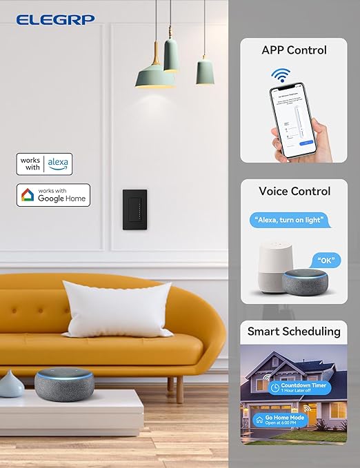 ELEGRP Smart Dimmer Light Switch DPR30, 2.4GHz Wi-Fi Dimmer Switch Compatible with Alexa and Google Assistant, Single Pole/3 Way, Needs Neutral Wire, No Hub Required, UL&FCC Listed, Black, 1 Pack