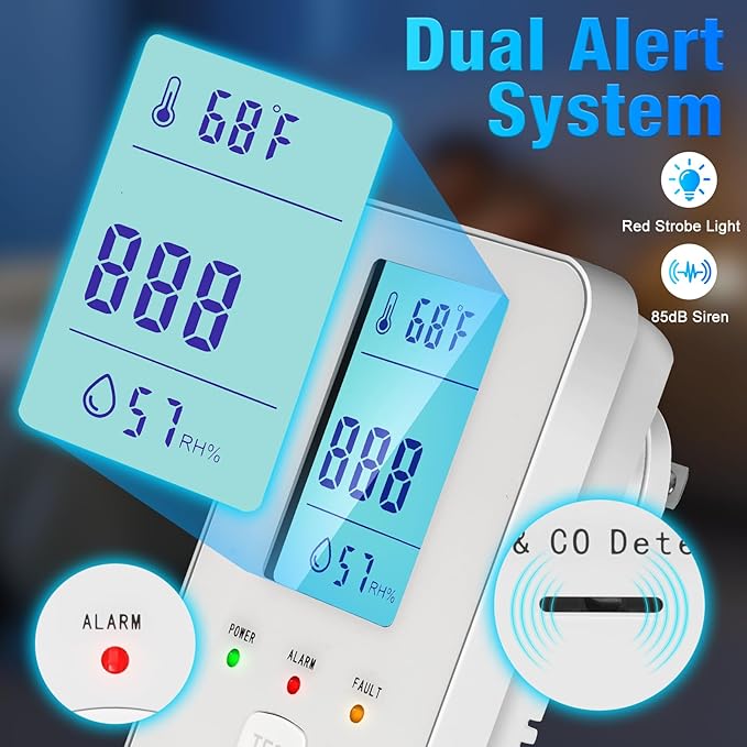 4in1 Combustible Natural Gas & Carbon Monoxide Detector, CO Leak Detector Home Air Quality Monitor with Digital Display for Temperature and Humidity, Kitchen & RV Alarm