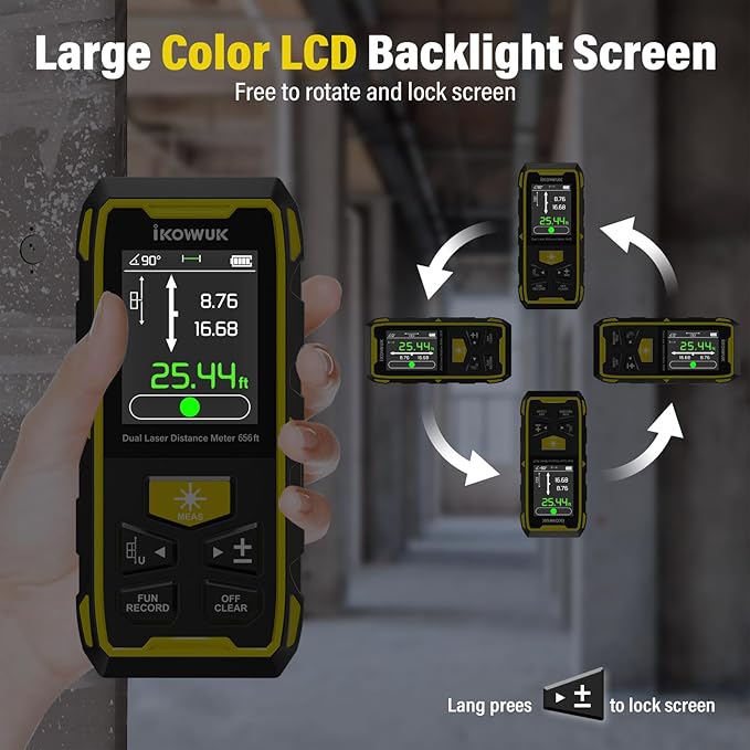 IKOVWUK Dual Laser Measuring Tool, 393FT/120M Bilateral Laser Distance Meter 6 Unit Switching, Rechargeable Digital Laser Measure with Backlit LCD Display, Angle Sensor, Multiple Measure Mode