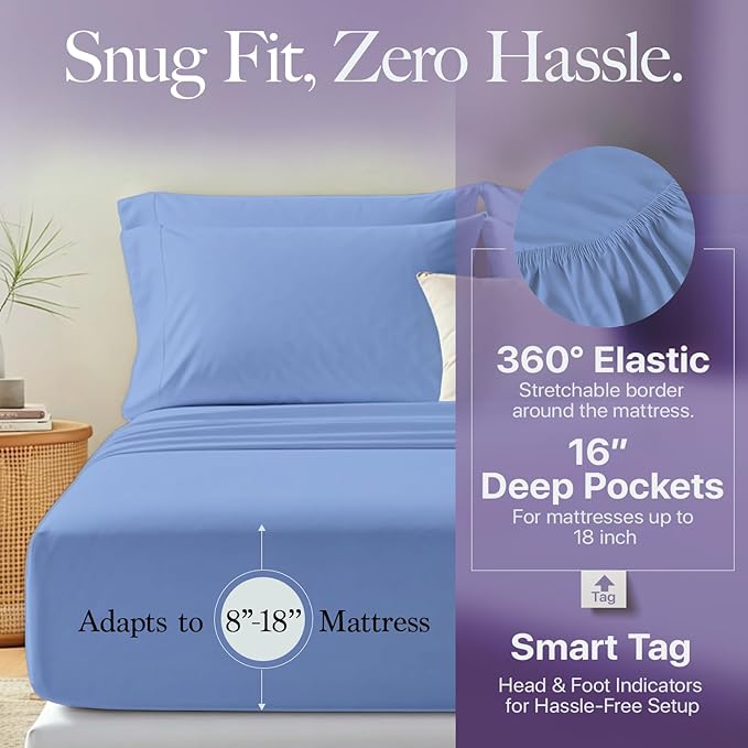 Carressa Linen 100% Egyptian Cotton King Size Sheets Set - 600 Thread Count Egyptian Cotton Queen Sheets King Size (4 PC, Marine Blue), Soft, Cooling, 16" Deep Pocket Sateen Weave Luxury Bed Sheet Set