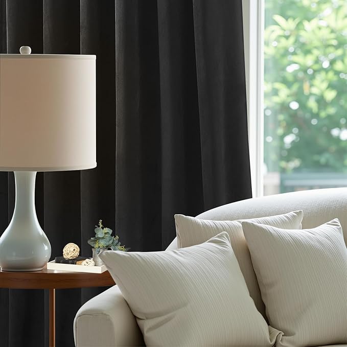 AUSSPVOCT 90 Inch Long Velvet Curtains for Living Room, Light Reducing Thermal Curtain Back Tab & Rod Pocket Elegant Soundproof Soft Room Darkening Window Drapes for Bedroom, W52 x L90, Black, 2 Pcs