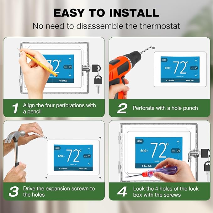 AUURIO 6 PCS Upgraded Thermostat Lock Box with Key, Large Space Thermostat Cover Seamless Anastomosis, Clear Decorative AC Lock Box Cover on Wall Fits Thermostats 4.8" H x 6" W or Smaller
