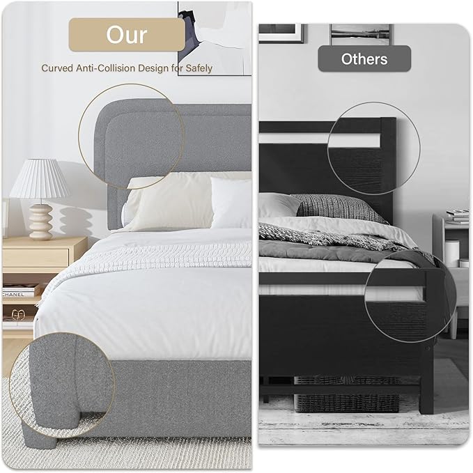 BarnFurin Queen Size Boucle Bed Frame with Headboard, Upholstered Platform Bed with Wood Slats, Soft Rounded Corners, No Box Spring Required, Easy Assembly, Light Grey